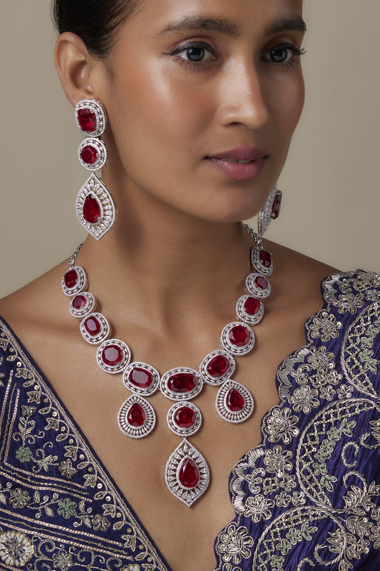 Silver Finish Zircon & Ruby Stone Necklace Set by Moh-Maya by Disha Khatri at Pernia's Pop Up Shop