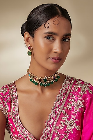 Gold Finish Kundan Polki & Green Carved Stone Choker Necklace Set by Moh-Maya by Disha Khatri