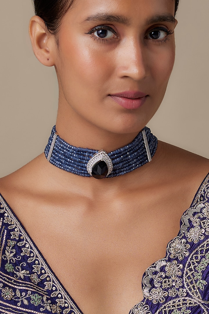Silver Finish Zircon Beaded & Blue Sapphire Stone Choker Necklace by Moh-Maya by Disha Khatri at Pernia's Pop Up Shop