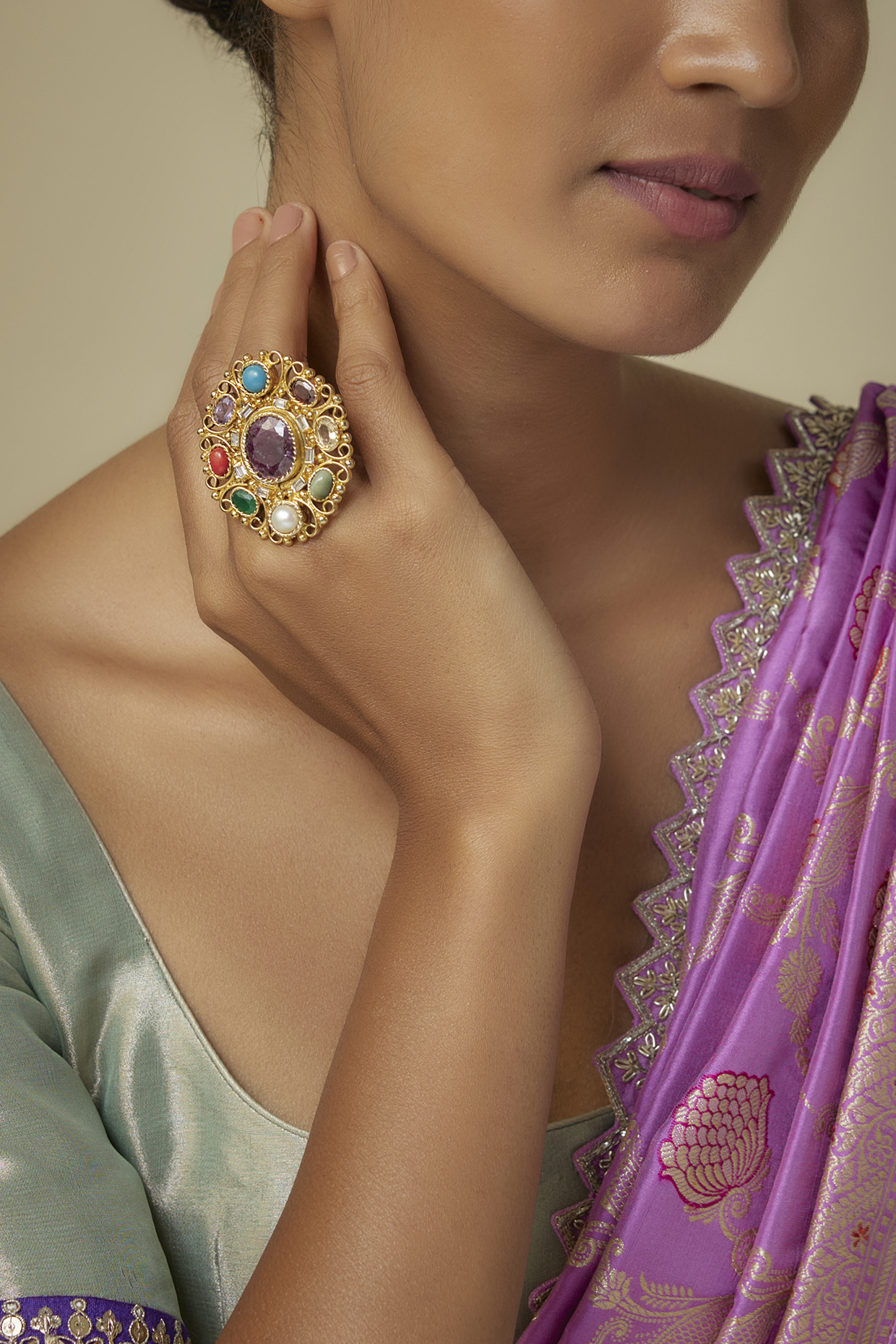 Gold Finish Kundan Polki & Multi-Colored Stone Ring In Sterling Silver by Moh-Maya by Disha Khatri at Pernia's Pop Up Shop