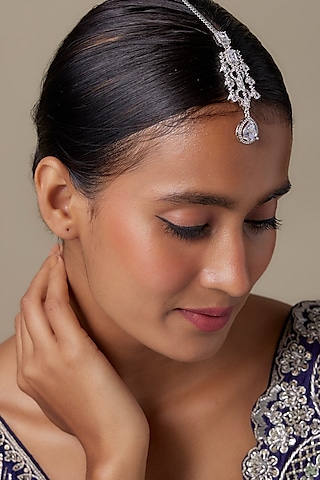 Silver Finish Zircon Maangtikka by Moh-Maya by Disha Khatri