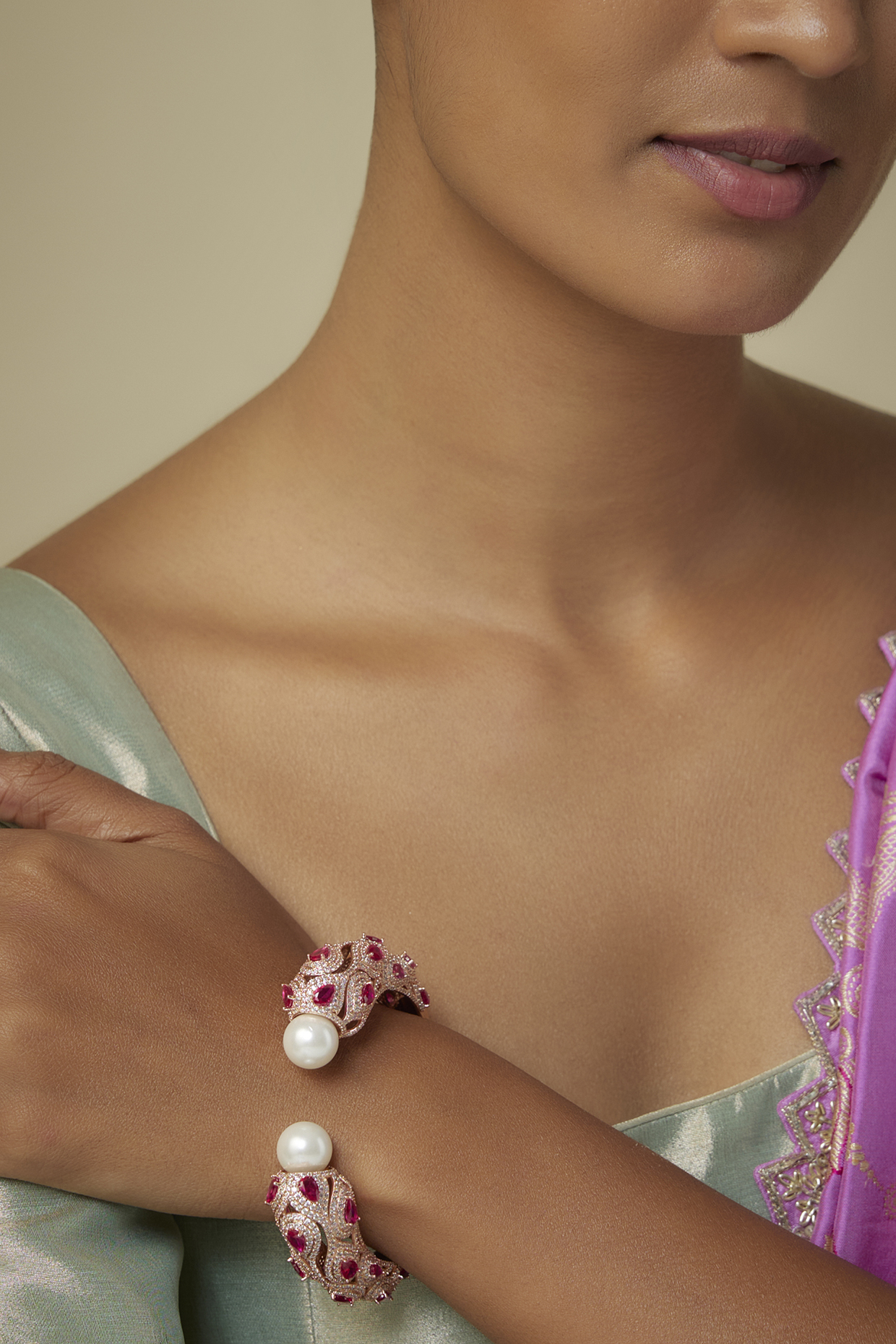 Rose Gold Finish Zircon & Ruby Stone Bracelet by Moh-Maya by Disha Khatri at Pernia's Pop Up Shop