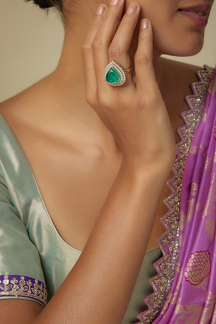 Gold Finish Zircon & Emerald Stone Ring by Moh-Maya by Disha Khatri at Pernia's Pop Up Shop