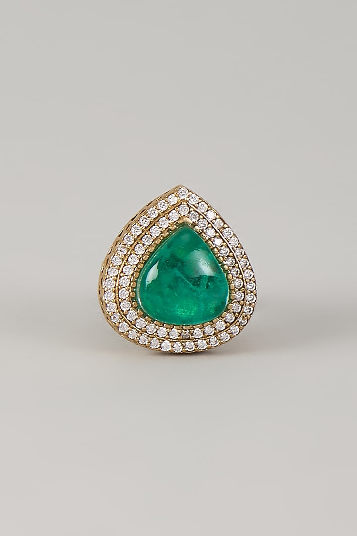 Gold Finish Zircon & Emerald Stone Ring by Moh-Maya by Disha Khatri at Pernia's Pop Up Shop