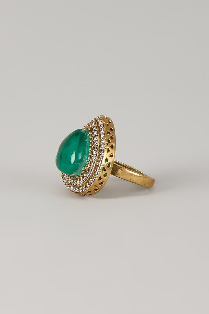 Gold Finish Zircon & Emerald Stone Ring by Moh-Maya by Disha Khatri at Pernia's Pop Up Shop