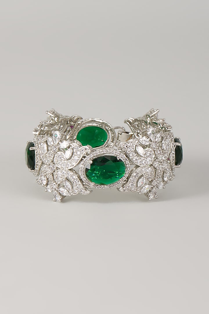 Silver Finish Zircon & Emerald Stone Bracelet by Moh-Maya by Disha Khatri at Pernia's Pop Up Shop