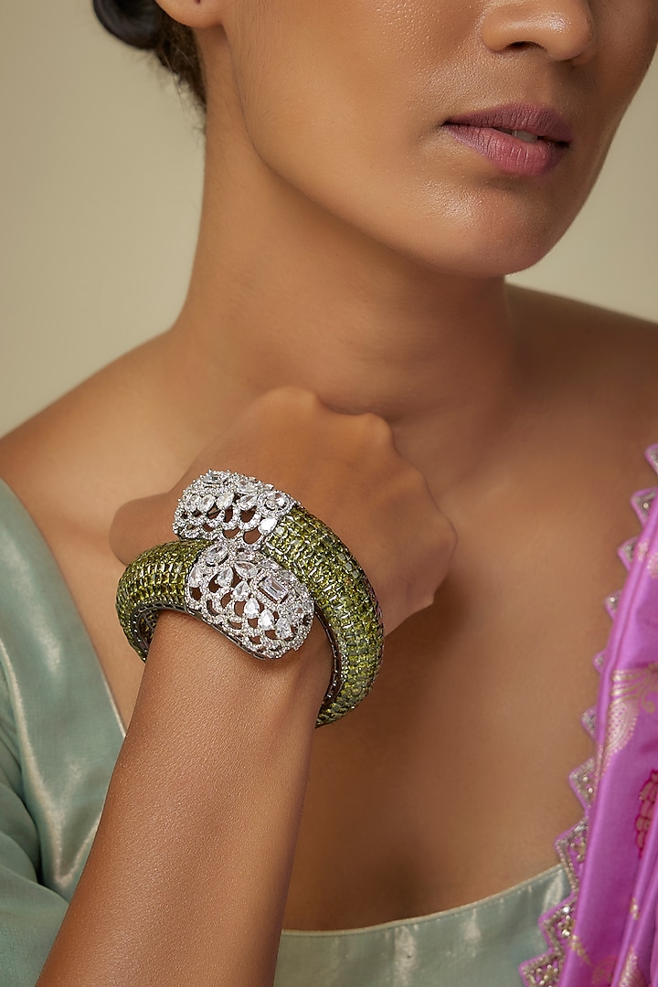 Silver Finish Zircon & Peridot Stone Adjustable Bracelet by Moh-Maya by Disha Khatri at Pernia's Pop Up Shop