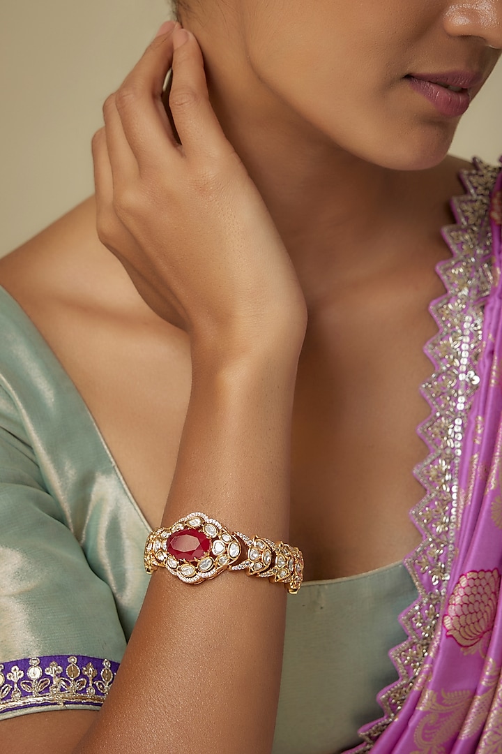 Gold Finish Zircon & Ruby Stone Bracelet by Moh-Maya by Disha Khatri at Pernia's Pop Up Shop