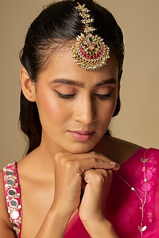 Gold Finish Kundan Polki & Ruby Stone Maangtikka by Moh-Maya by Disha Khatri