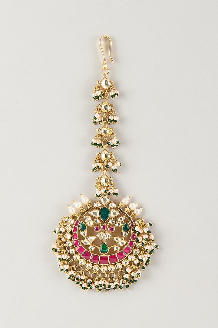 Gold Finish Kundan Polki & Ruby Stone Maangtikka by Moh-Maya by Disha Khatri at Pernia's Pop Up Shop