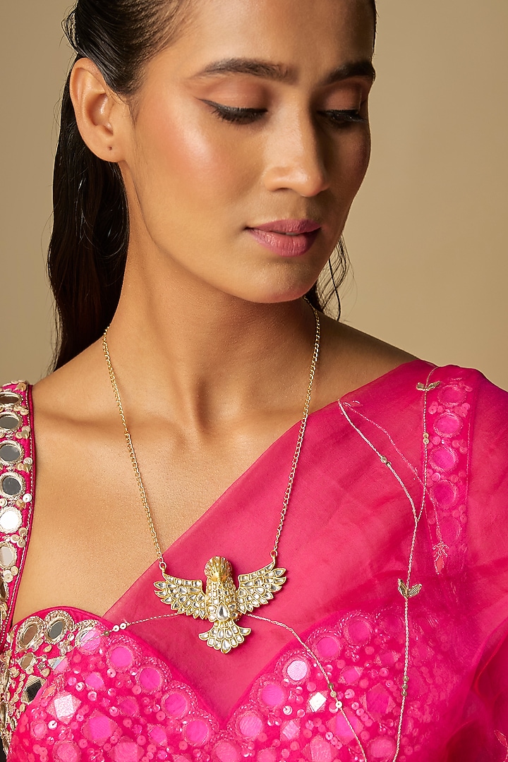 Gold Finish Kundan Polki Bird Pendant Necklace by Moh-Maya by Disha Khatri at Pernia's Pop Up Shop
