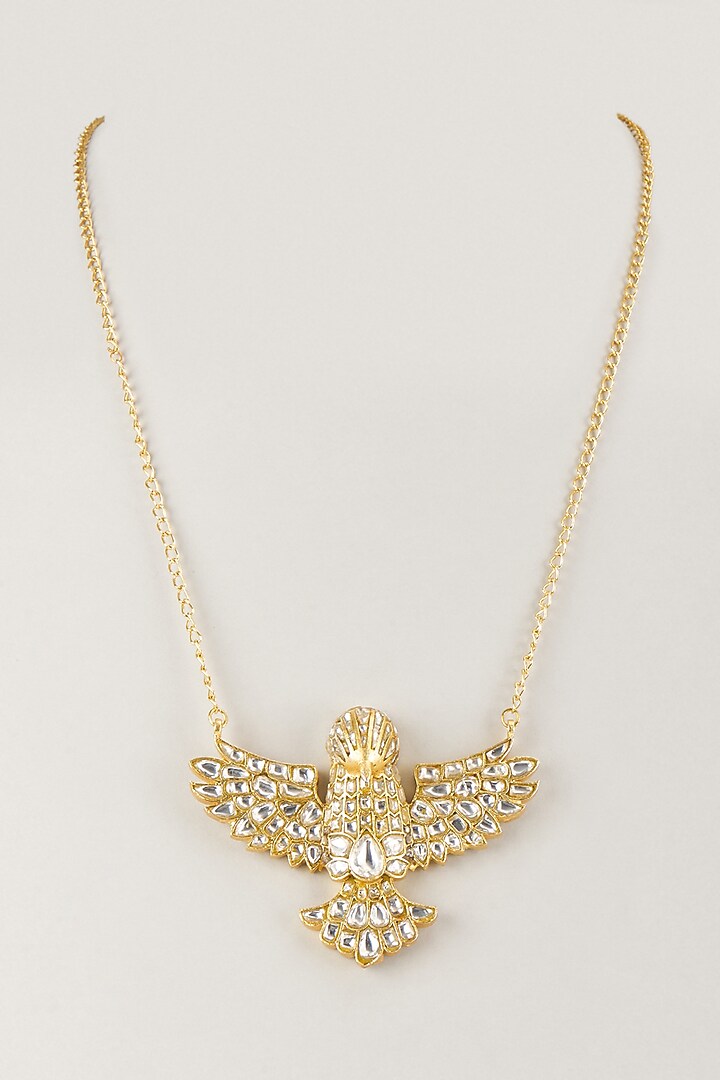 Gold Finish Kundan Polki Bird Pendant Necklace by Moh-Maya by Disha Khatri at Pernia's Pop Up Shop