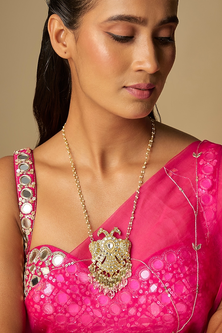 Gold Finish Kundan Polki & Pearl Beaded Bird Pendant Necklace by Moh-Maya by Disha Khatri at Pernia's Pop Up Shop