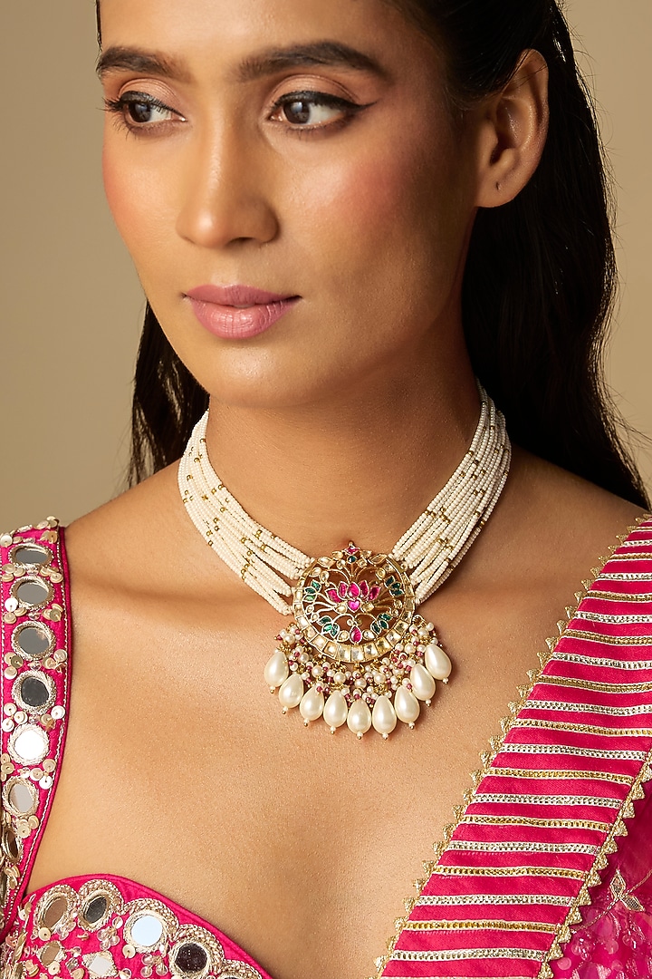 Gold Finish Kundan Polki & Pearl Beaded Choker Necklace by Moh-Maya by Disha Khatri at Pernia's Pop Up Shop