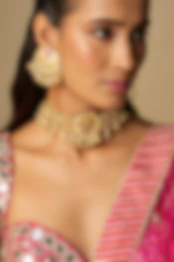 Gold Finish Ruby Stone Bell Choker Necklace Set by Moh-Maya by Disha Khatri at Pernia's Pop Up Shop