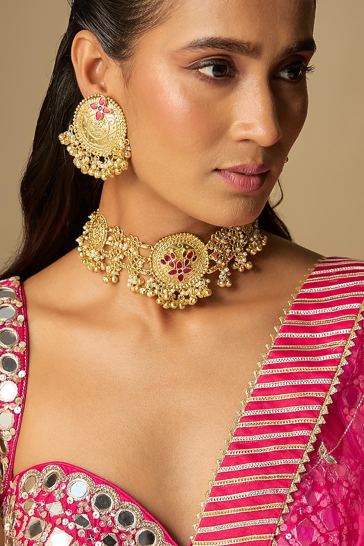 Gold Finish Ruby Stone Bell Choker Necklace Set by Moh-Maya by Disha Khatri at Pernia's Pop Up Shop