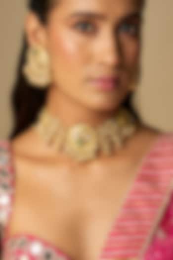 Gold Finish Emerald Stone Bell Choker Necklace Set by Moh-Maya by Disha Khatri at Pernia's Pop Up Shop