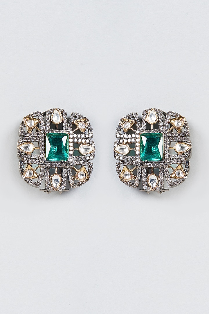 Two Tone Finish Semi Precious Emerald Stud Earrings by Moh-Maya by Disha Khatri at Pernia's Pop Up Shop