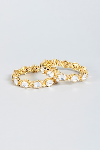 Gold Finish Kundan Polki Openable Kadas (Set of 2) by Moh-Maya by Disha Khatri