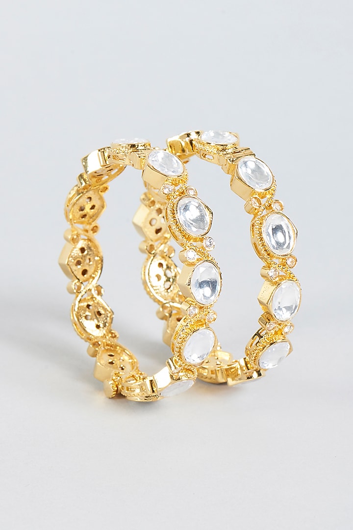 Gold Finish Kundan Polki Openable Kadas (Set of 2) by Moh-Maya by Disha Khatri at Pernia's Pop Up Shop