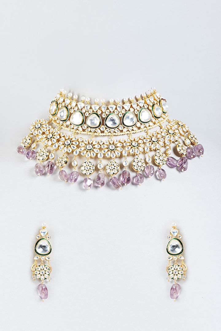 Gold Finish Meenakari Choker Necklace Set by Moh-Maya by Disha Khatri