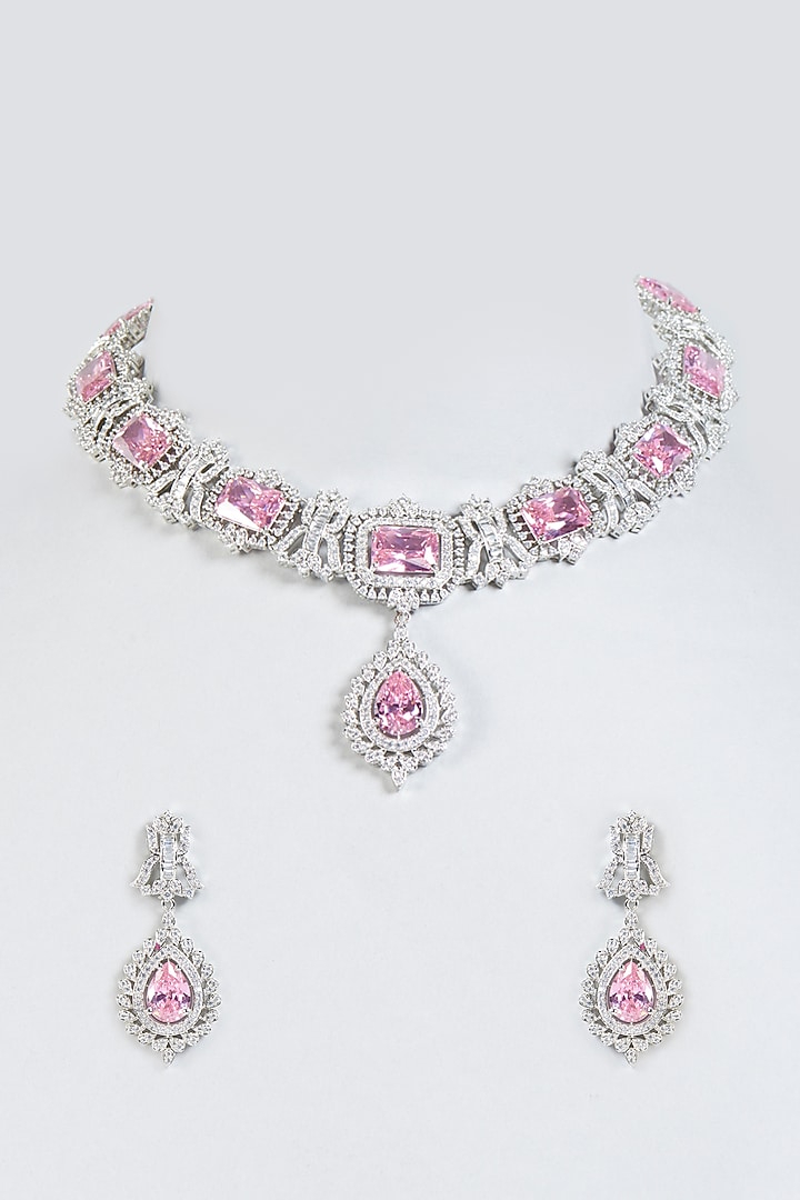 Silver Finish Faux Diamond Necklace Set by Moh-Maya by Disha Khatri at Pernia's Pop Up Shop