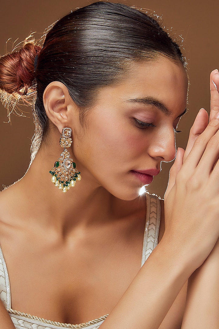 Gold Finish Kundan Beaded Dangler Earrings by Moh-Maya by Disha Khatri at Pernia's Pop Up Shop