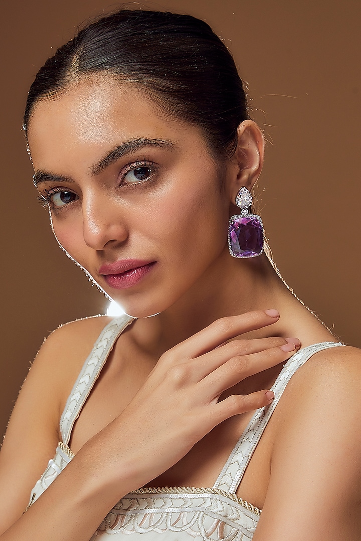 White Finish Purple Stone Dangler Earrings by Moh-Maya by Disha Khatri