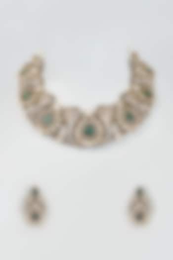 Gold Finish Kundan Polki & Zircon Choker Necklace Set by Moh-Maya by Disha Khatri at Pernia's Pop Up Shop