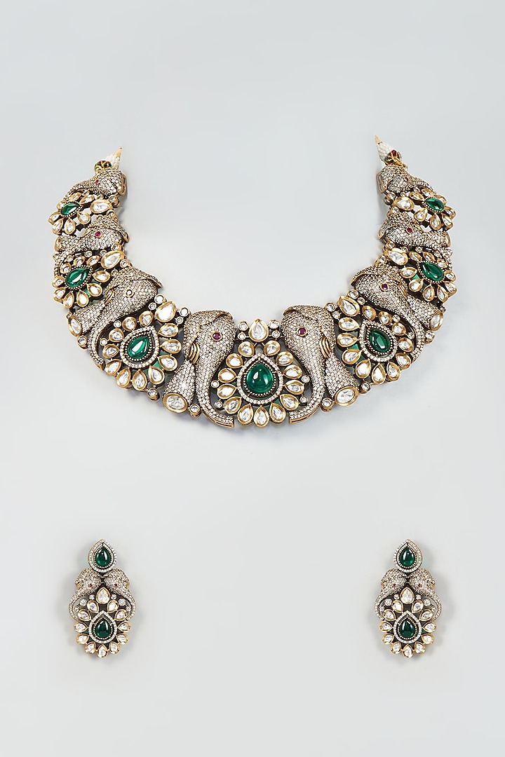 Gold Finish Kundan Polki & Zircon Choker Necklace Set by Moh-Maya by Disha Khatri at Pernia's Pop Up Shop