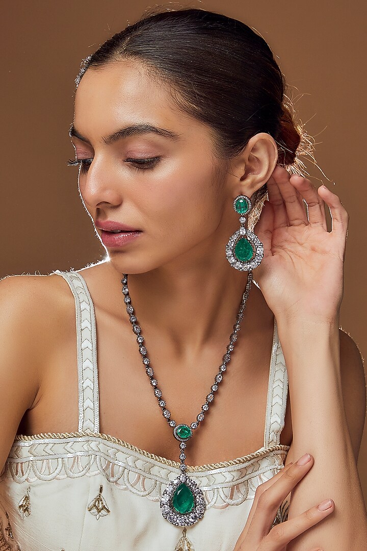 Black Rhodium Finish Emerald Stone & Zircon Long Necklace Set by Moh-Maya by Disha Khatri at Pernia's Pop Up Shop