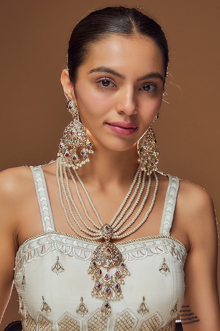 Gold Finish Multi-Colored & Kundan Polki Long Necklace Set by Moh-Maya by Disha Khatri at Pernia's Pop Up Shop