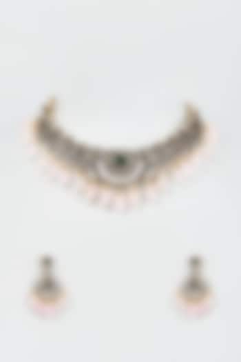 Black Rhodium Finish Emerald Stone & Zircon Necklace Set by Moh-Maya by Disha Khatri