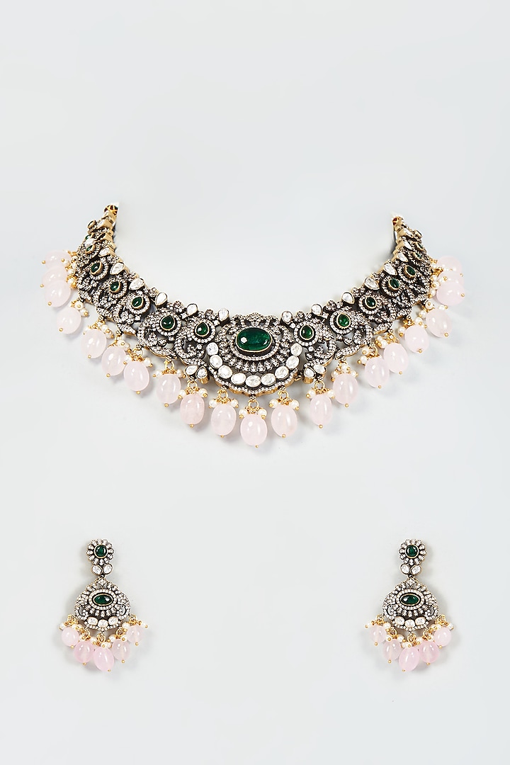 Black Rhodium Finish Emerald Stone & Zircon Necklace Set by Moh-Maya by Disha Khatri