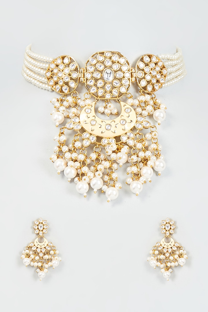 Gold Finish Kundan Polki Meenakari Choker Necklace Set by Moh-Maya by Disha Khatri