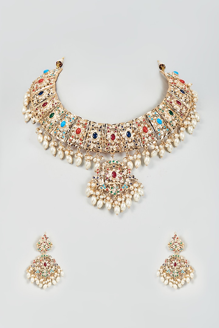 Gold Finish Navratna Stone & Pearl Necklace Set by Moh-Maya by Disha Khatri at Pernia's Pop Up Shop