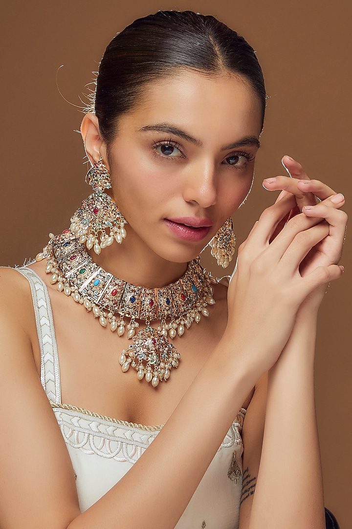 Gold Finish Navratna Stone & Pearl Necklace Set by Moh-Maya by Disha Khatri at Pernia's Pop Up Shop
