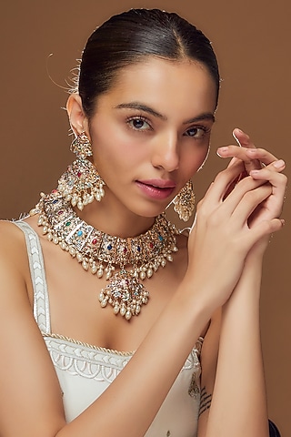Gold Finish Navratna Stone & Pearl Necklace Set by Moh-Maya by Disha Khatri