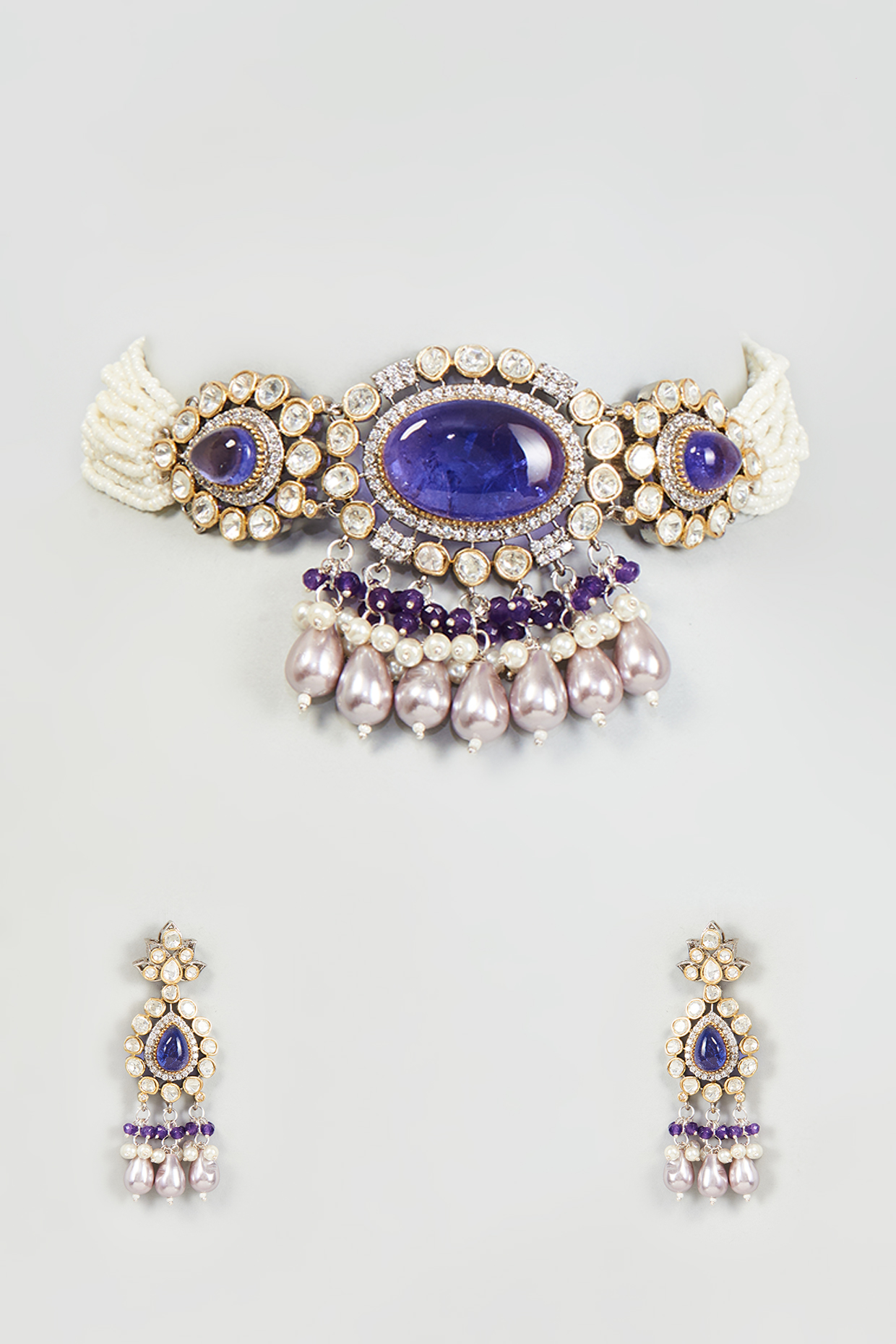 Gold Finish Purple Stone Choker Necklace Set by Moh-Maya by Disha Khatri