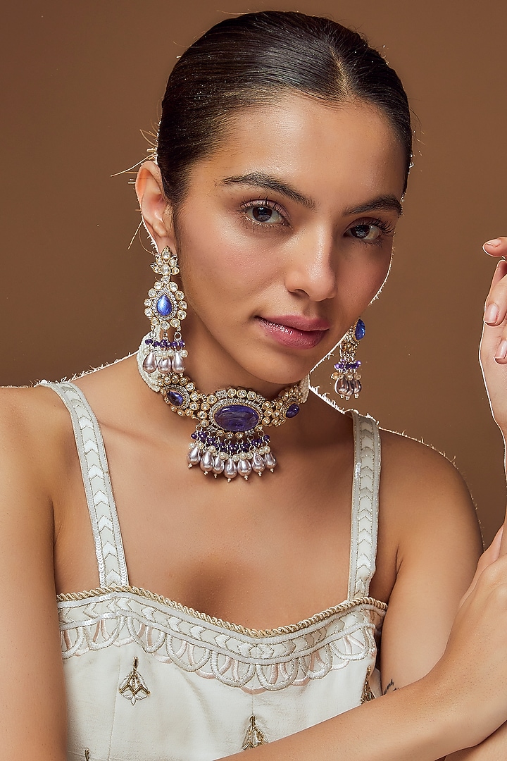 Gold Finish Purple Stone Choker Necklace Set by Moh-Maya by Disha Khatri at Pernia's Pop Up Shop