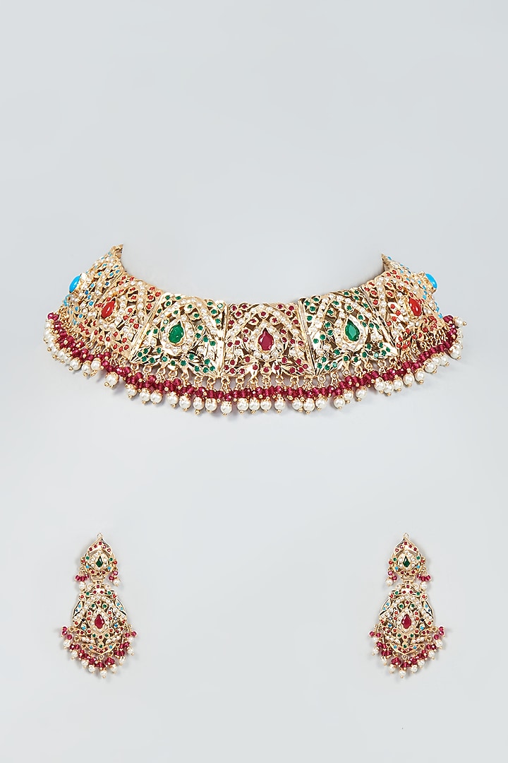 Gold Finish Multi-Colored Stone & Pearl Necklace Set by Moh-Maya by Disha Khatri at Pernia's Pop Up Shop