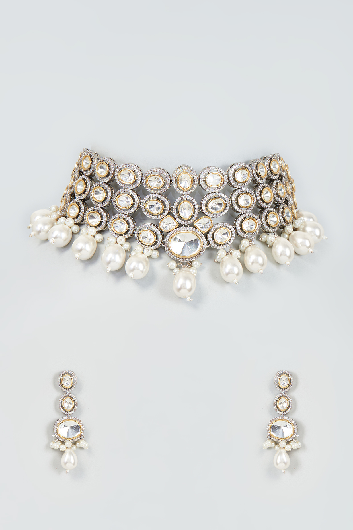 Gold Finish Kundan Polki & Pearl Choker Necklace Set by Moh-Maya by Disha Khatri