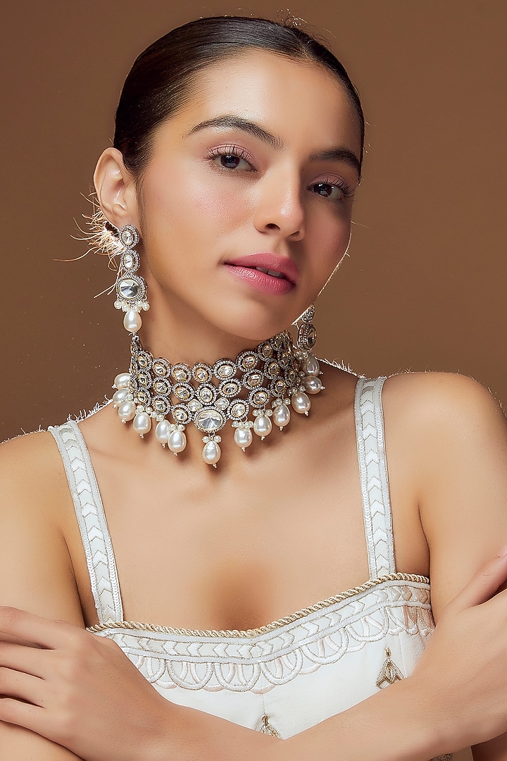 Gold Finish Kundan Polki & Pearl Choker Necklace Set by Moh-Maya by Disha Khatri at Pernia's Pop Up Shop