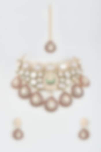 Gold Finish Stone & Kundan Polki Choker Necklace Set by Moh-Maya by Disha Khatri