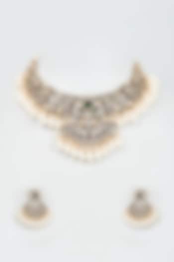 Gold Finish Zircon & Emerald Stone Choker Necklace Set by Moh-Maya by Disha Khatri
