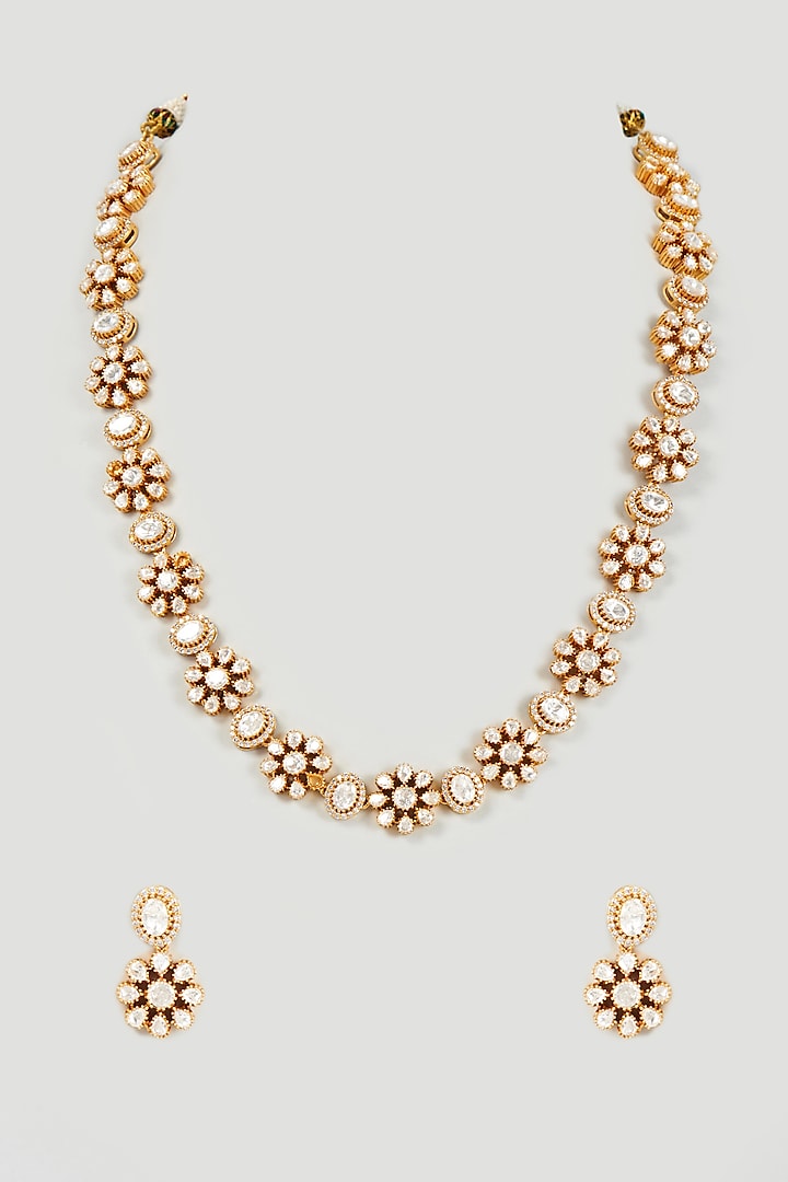 Gold Finish White Kundan Polki Long Necklace Set by Moh-Maya by Disha Khatri