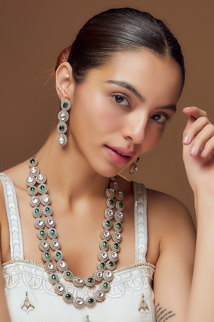 Gold Finish Emerald & Kundan Polki Long Layered Necklace Set by Moh-Maya by Disha Khatri