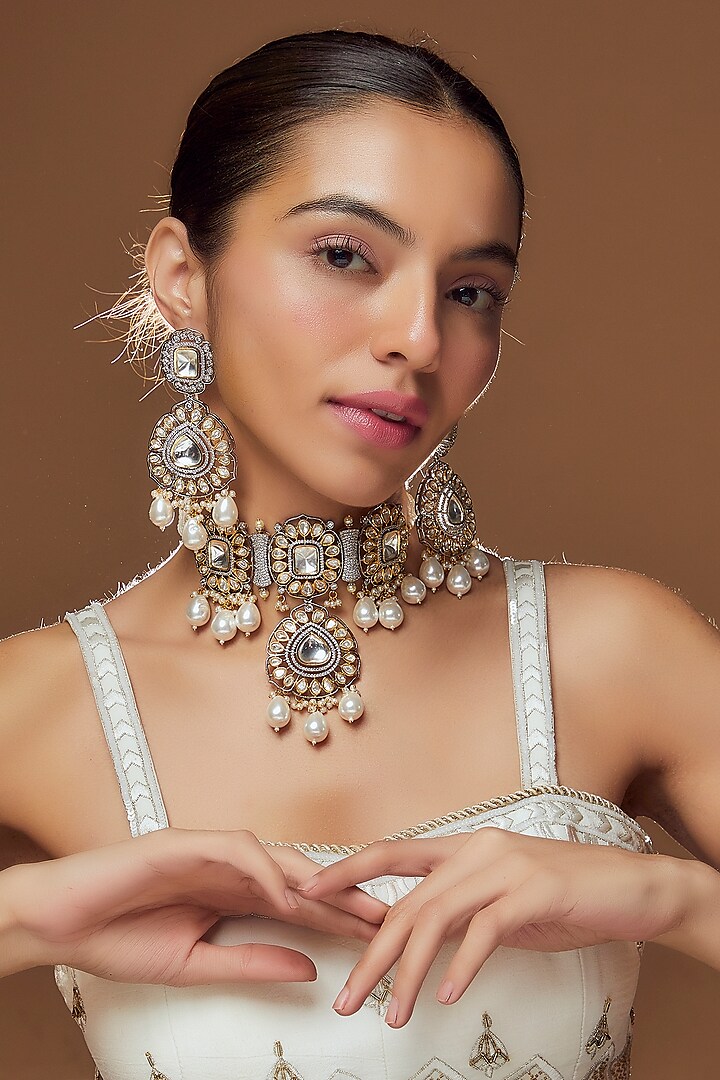 Gold Finish White Kundan Polki & Pearl Choker Necklace Set by Moh-Maya by Disha Khatri