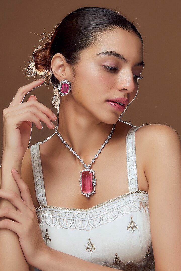 White Finish Pink Stone & Zircon Long Necklace Set by Moh-Maya by Disha Khatri