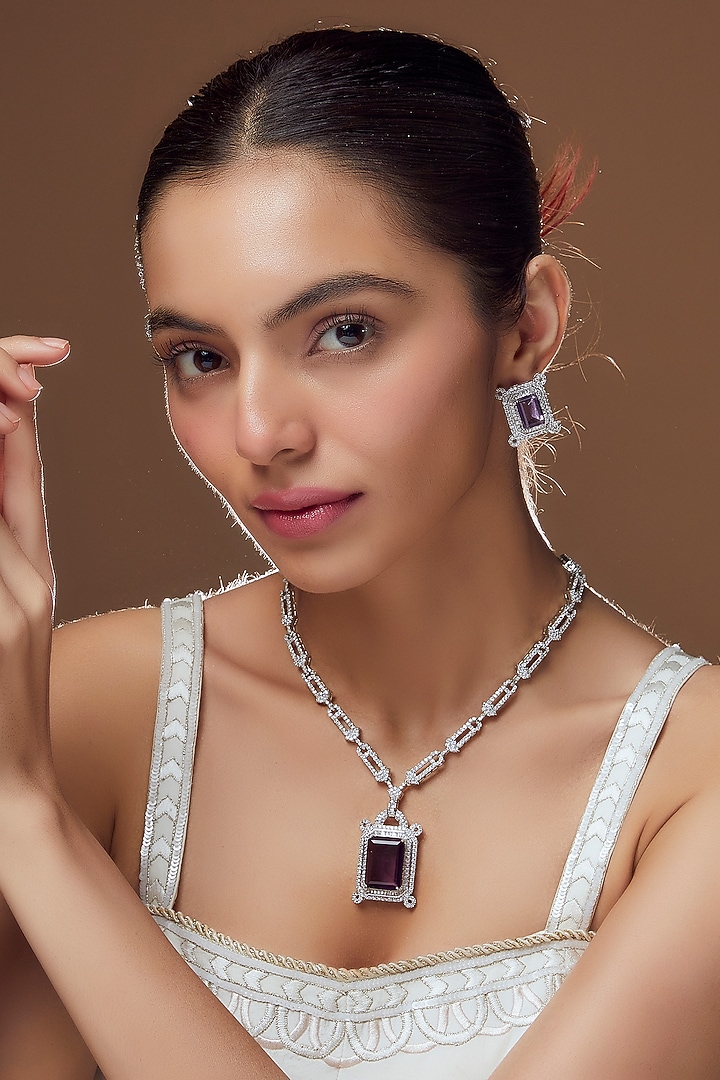 White Finish Dark Purple Stone & Zircon Long Necklace Set by Moh-Maya by Disha Khatri at Pernia's Pop Up Shop